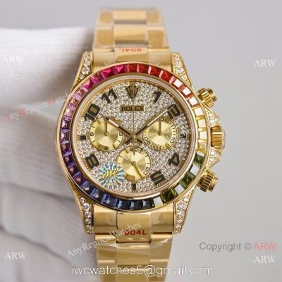 2021 NEW! Swiss Rolex Daytona JH 7750 Watch Rainbow Bezel Arabic Diamond Dial Yellow Gold watches