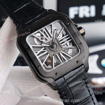 (TW ) Skeleton Santos De Cartier In All Black Leather Strap Watch High End Replica For Men watches