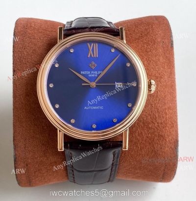 Swiss Replica Patek Philippe Calatrava Classic Watch Blue Face Brown Leather Strap For Men watches