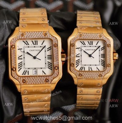 Swiss Quartz Cartier Santos Gold Copy Watch With Diamonds White Dial With Roman Markers watches