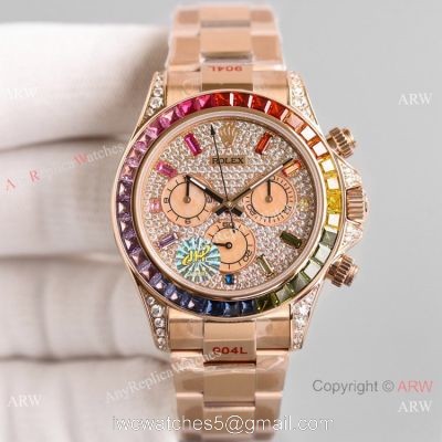 2021 NEW! Swiss Copy Rolex Daytona JH 7750 Watch Rainbow Rose Gold Full Diamond Dial watches
