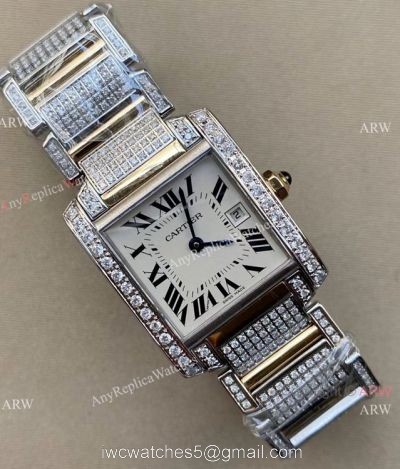 Iced Out Cartier Tank Francaise Stainless Steel Watch Large Size watches