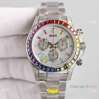 2021 NEW! JH Swiss Rolex Daytona 7750 Watch Rainbow Stainless Steel Full Diamond Face watches