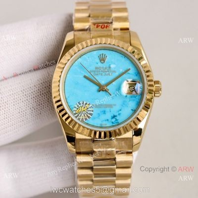 2021 NEW! Swiss Replica Rolex Oyster Perpetual Datejust 36mm Turquoise Dial Yellow Gold Watch watches