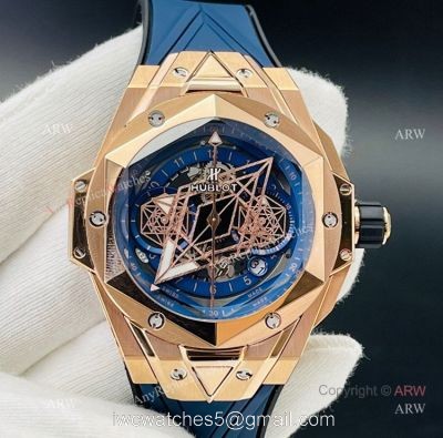Replica Hublot Big Bang Watch Hublot Sang Bleu 45mm Rose Gold Blue Rubber Straps watches