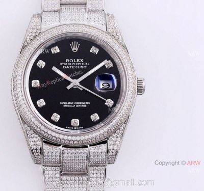 Best Iced Out Rolex Datejust 41 Diamond Black Dial Oyster Bracelet Replica Watches watches