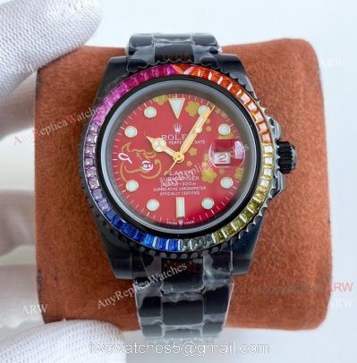 Swiss Grade Rolex Blaken Submariner Red Dial Rainbow Diamond Bezel Replica Watch watches