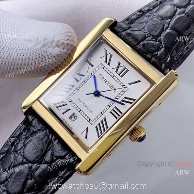 Yellow Gold Cartier Tank Automatic Copy Watch In Black Leather Strap White Dial watches