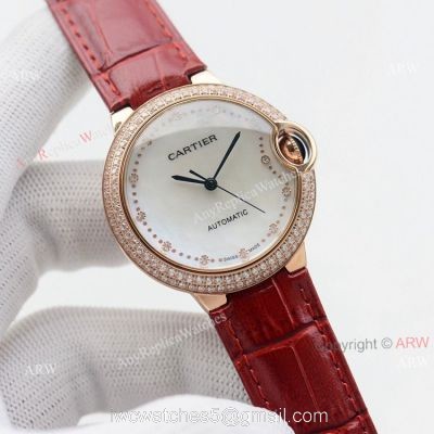 Swiss Quality Replica Cartier Ballon Bleu 36mm Rose Gold Diamond Bezel White Mop Dial Automatic Watch watches