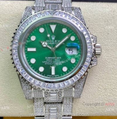 Swiss Replica Rolex Submariner 2836 Iced Out Watch 904L Stainless Steel Green Face 40mm watches