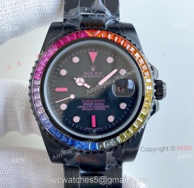 Replica Blaken Rolex Submariner Pink Markers Watch 40mm Rainbow Diamond Bezel Swiss Made watches