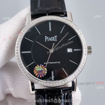 Asia 2824 Piaget Altiplano Black Dial Black Leather Strap Knockoff Watch With Diamond Bezel watches