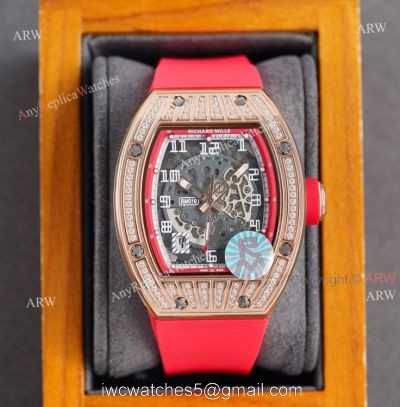 (RM Factory) Knockoff Richard Mille Rm010 Rose Gold Skeleton Watch Red Rubber Strap watches