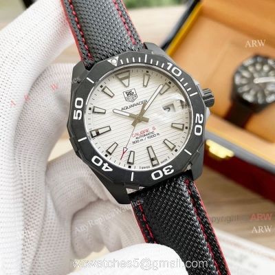 Tag Heuer Aquaracer Calibre 5 White Face 44 Replica Watch Black Steel Black Leather Strap watches