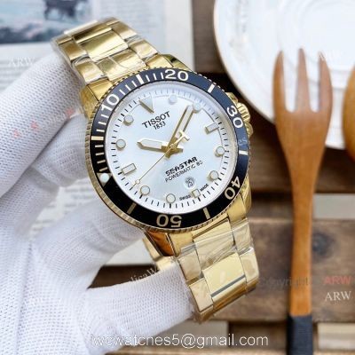 Buy Swiss Grade Reproduction Tissot Seastar All Gold White Face Replica Watch 45mm For Men watches