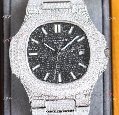 Swiss Grade One Patek Philippe Iced Out Nautilus 9015 Watch BlackSilver Diamond watches