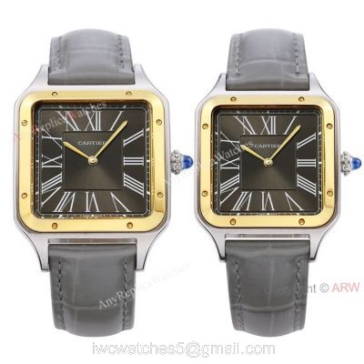 Buy The Best Cartier Santos Dumont Couple Watches Grey Dial Grey Leather Strap Replica watches