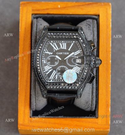Iced Out Cartier Roadster All Black Watches Leather Strap watches