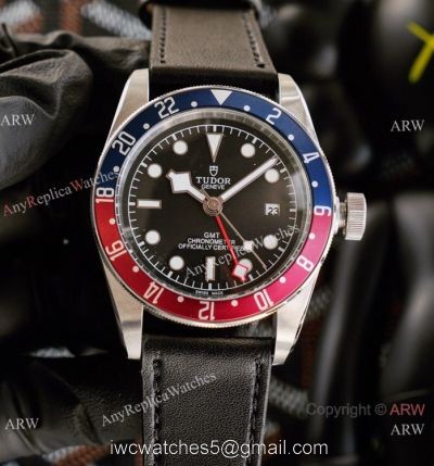 Copy Tudor Black Bay GMT Pepsi Bezel Black Leather Strap Watch watches