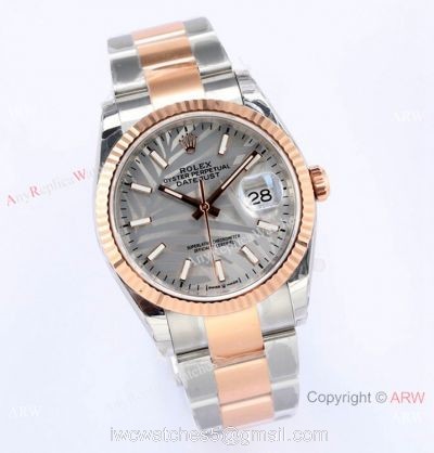 (EW) EW Factory Swiss 3235 Rolex Datejust 36 Gray Palm 2021 Watch 2-Tone Rose Gold Case watches