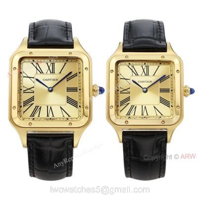 TWF Yellow Gold Cartier Santos-Dumont Gold Face Black Leather Strap Copy Watch For Men And Women watches