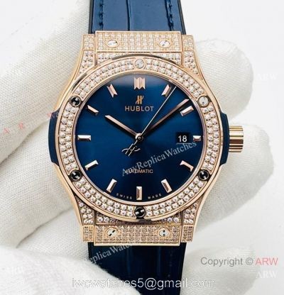 HB V3 version Hublot Classic Fusion Watch Iced Out Rose Gold Blue Dial Super Clone watches