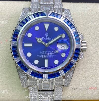 Swiss Copy Iced Out Rolex Submariner Watch 904L Stainless Steel Bright Blue Dial watches