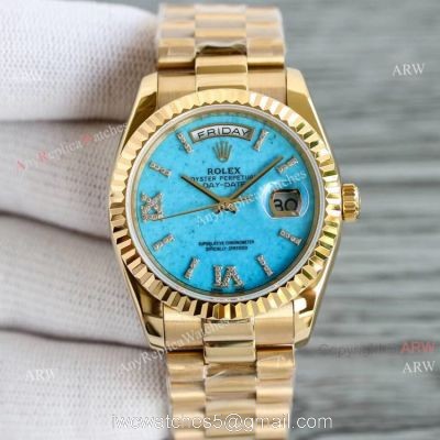 New Yellow Gold Rolex Day Date 36mm Turquoise Roman Dial M128238-0071 Replica Watch watches