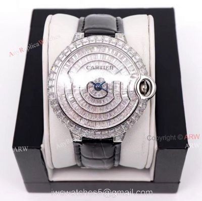 Iced Out Cartier Ballon Bleu 42mm Black Leather Strap Watch Replica watches