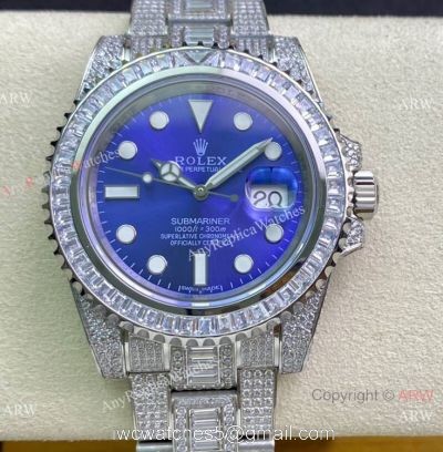 Swiss Copy Rolex Iced Out Submariner 2836 Watch 904L Stainless Steel Blue Face watches