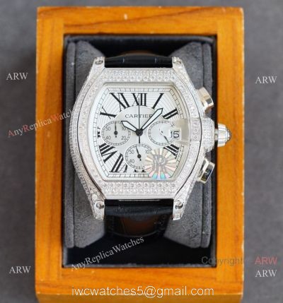 Iced Out Cartier Roadster Replica Watch White Chronograph Dial Men Watch watches