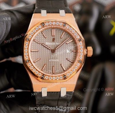 High End Replica Audemars Piguet Royal Oak Rose Gold Grey Dial Automatic Watch With Diamonds Black Leather Strap watches