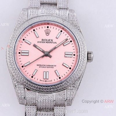 Swiss Quality Copy Rolex Iced Out Oyster Perpetual 41 Watch Candy Pink Dial Mingzhu Movement watches