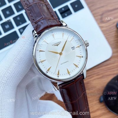 40mm Longines Automatic Watch White Dial Brown Leather Strap High Copy watches