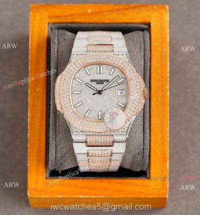Swiss Grade Patek Philippe Nautilus 40mm Watch 9015 Ultra-thin Full Diamond Dial 2-Tone Rose Gold watches