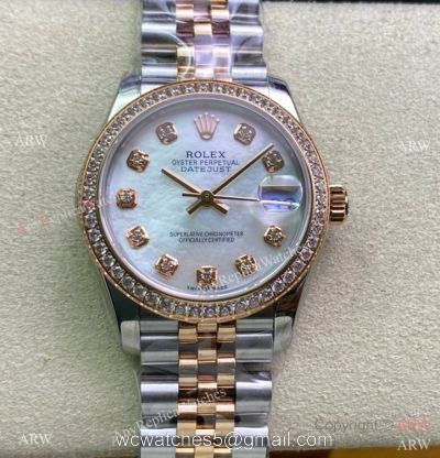 Swiss Copy Rolex Datejust 2-Tone Rose Gold Mop Dial Diamond watch 31mm Mid-size watches
