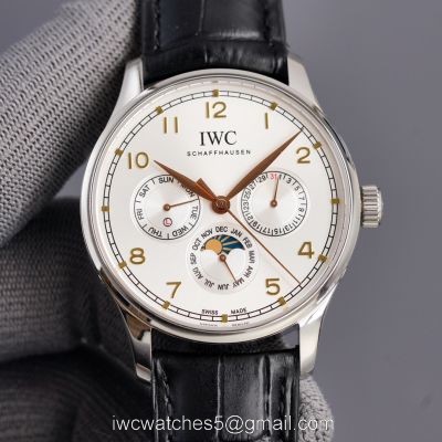 Fake IWC Portuguese Moonphase White Face Arabic 42MM Leather Strap Watch watches