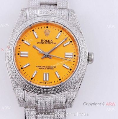 Swiss Quality Iced Out Rolex Oyster Perpetual 41 Wrist Yellow Dial Full Diamond Case watches