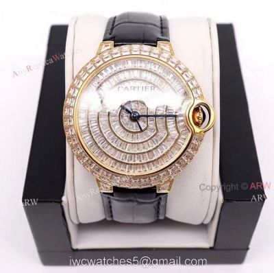 Gold Cartier Ballon Bleu 42mm Full Diamonds Knockoff Watch watches