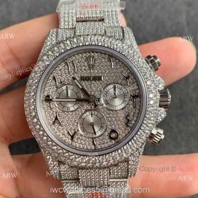 Replica Watch JVS Factory Rolex Daytona Iced out Watch Ss Arabic Scripts Markers 904L 7750 Chronograph watches