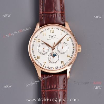 Fake IWC Portuguese Moonphase Rose Gold Case 42MM Brown Leather Strap Watch watches