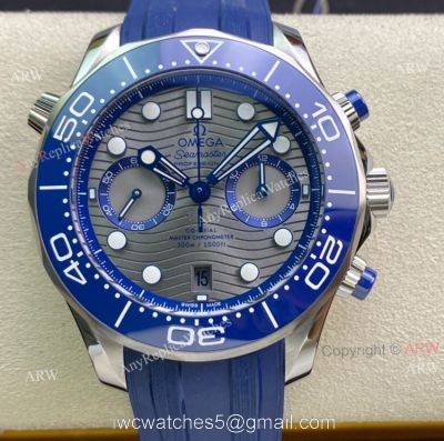 New OM Factory Omega Seamaster Diver 300m Grey Dial Blue Rubber Strap Replica Watch For Men watches