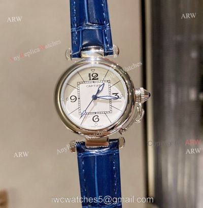 New Pasha De Cartier Watch 35mm white face blue leather strap replica watches
