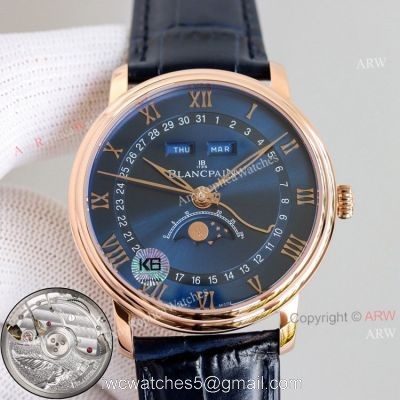 V2 New Upgraded Replica Blancpain Moon Phase Rose Gold Watch Blue Dial Blue Leather Strap watches