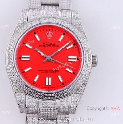 Swiss Quality Rolex Iced Out Oyster Perpetual 41 Copy Watch Coral Red Dial watches