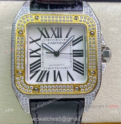 Swiss Quality Iced Out Cartier Santos De Watch Two Tone Sapphire Crystal watches