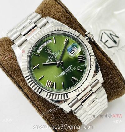 EW Factory V2 Rolex Day-Date 40 Replica Watch Olive Green dial Silver Presidential Swiss 3255 movement watches