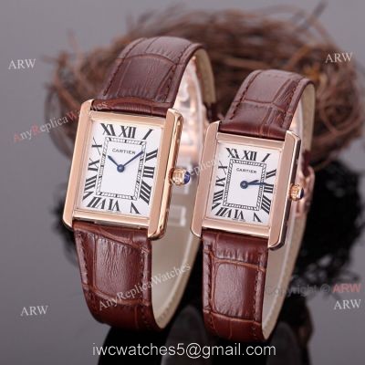 Rose Gold Cartier Tank Couple Watch White Face Brown Leather Strap High Quality Replica watches