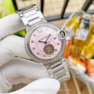 Replica Ladies Cartier Ballon Bleu 36mm With Diamonds Tourbillon Watch Pink Face watches