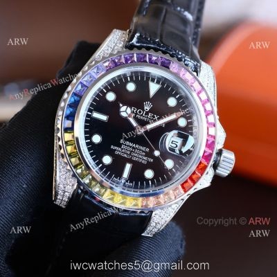 Fake Rolex Submariner Rainbow Bezel Black Dial leather Strap Watch watches